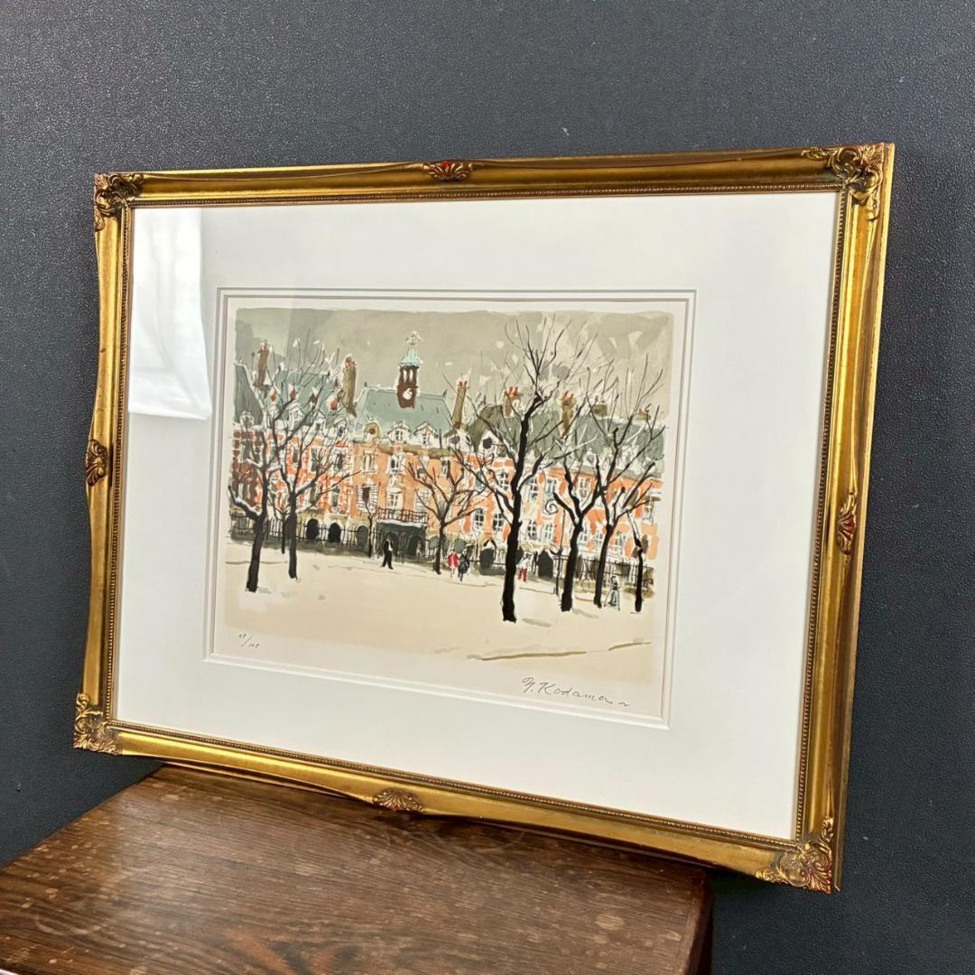 美品 児玉幸雄「雪のボージュ広場」リトグラフ 直筆サイン有 お洒落な額装 パリ