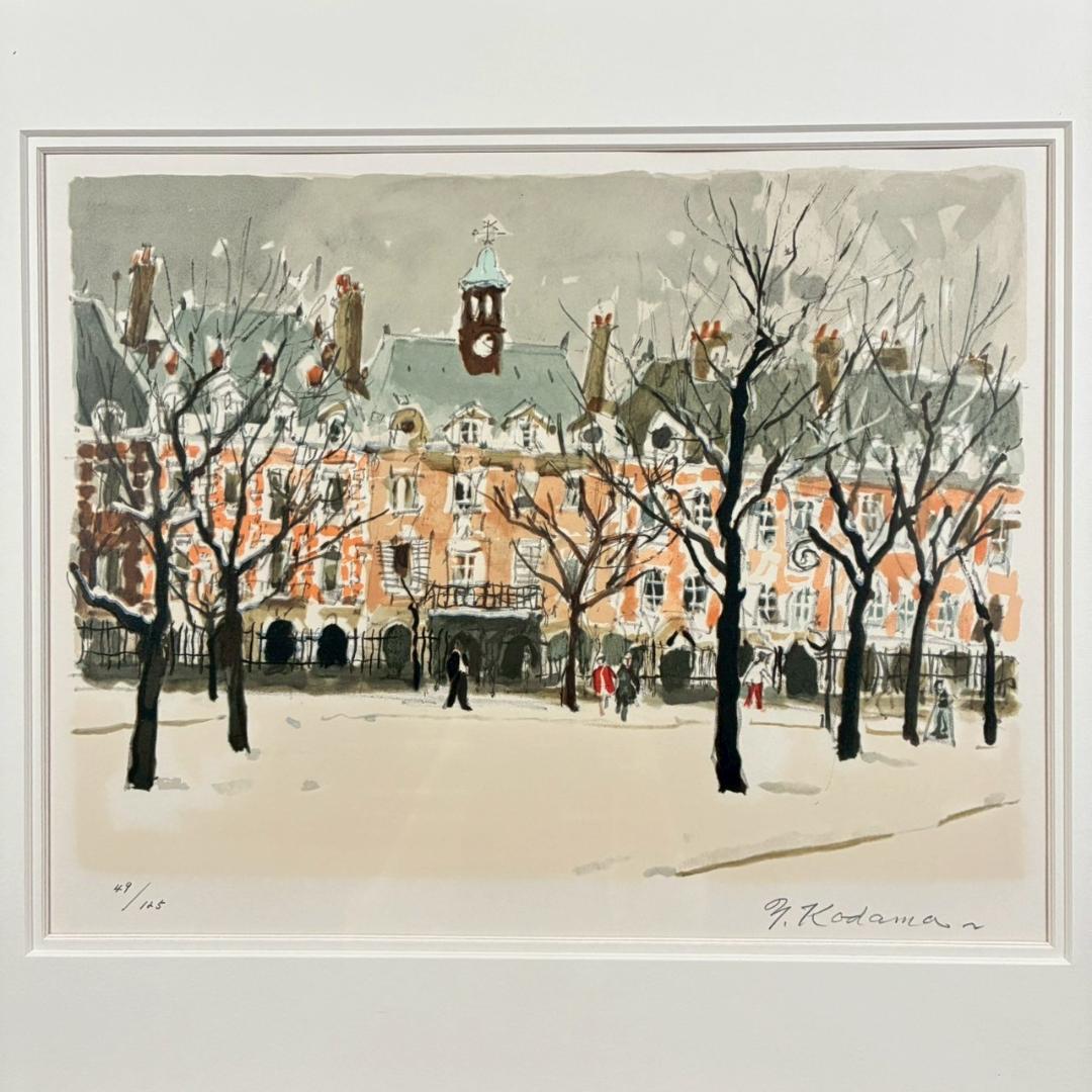 美品 児玉幸雄「雪のボージュ広場」リトグラフ 直筆サイン有 お洒落な額装 パリ