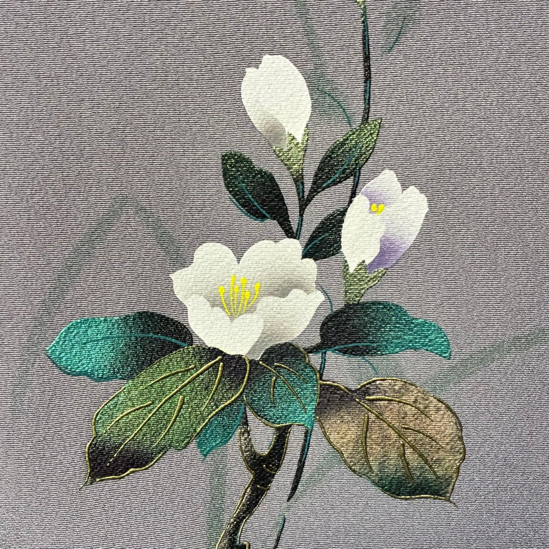 D73 訪問着 花模様 グレー 丹後縮緬 正絹着物 袷 しつけ糸付き未使用極美品