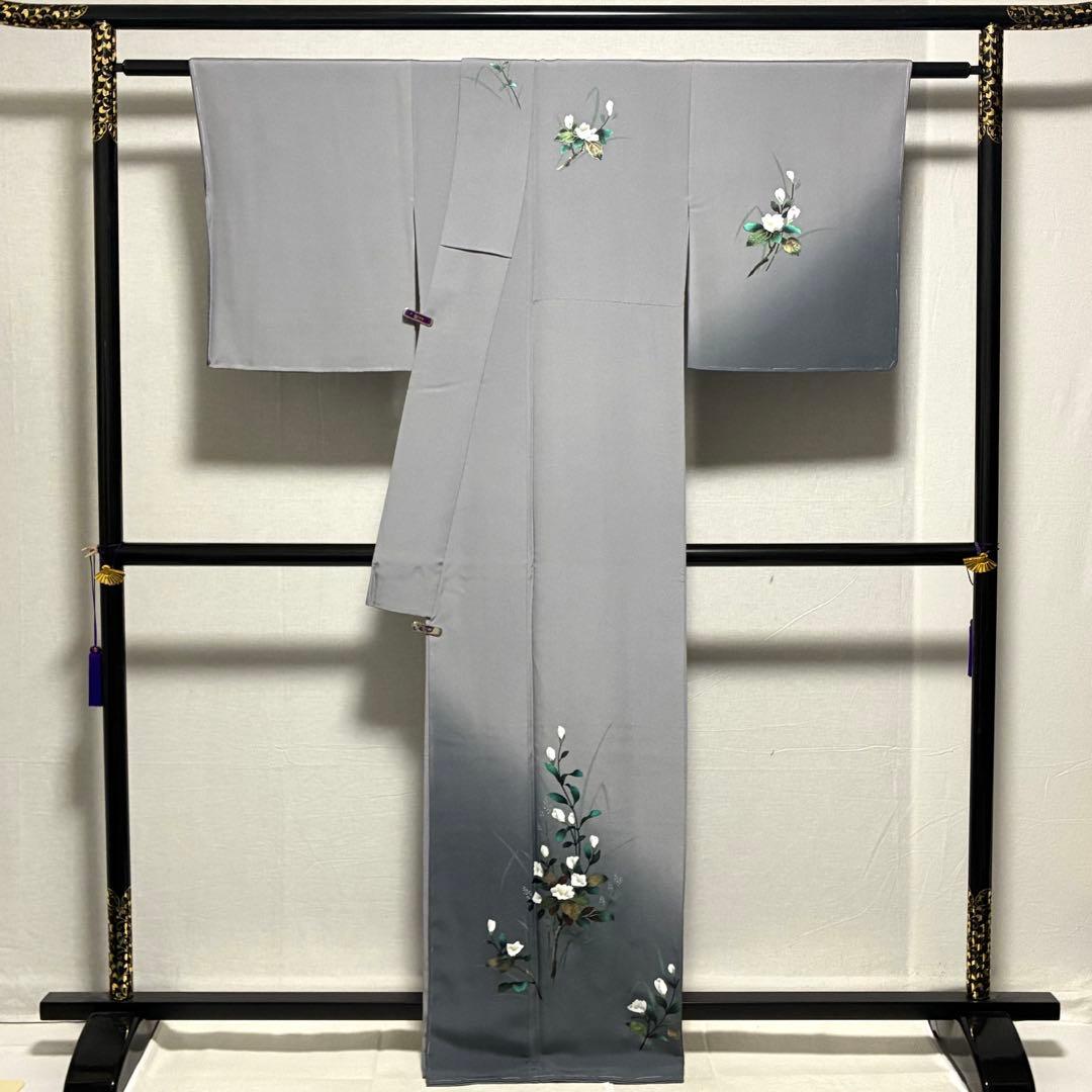 D73 訪問着 花模様 グレー 丹後縮緬 正絹着物 袷 しつけ糸付き未使用極美品