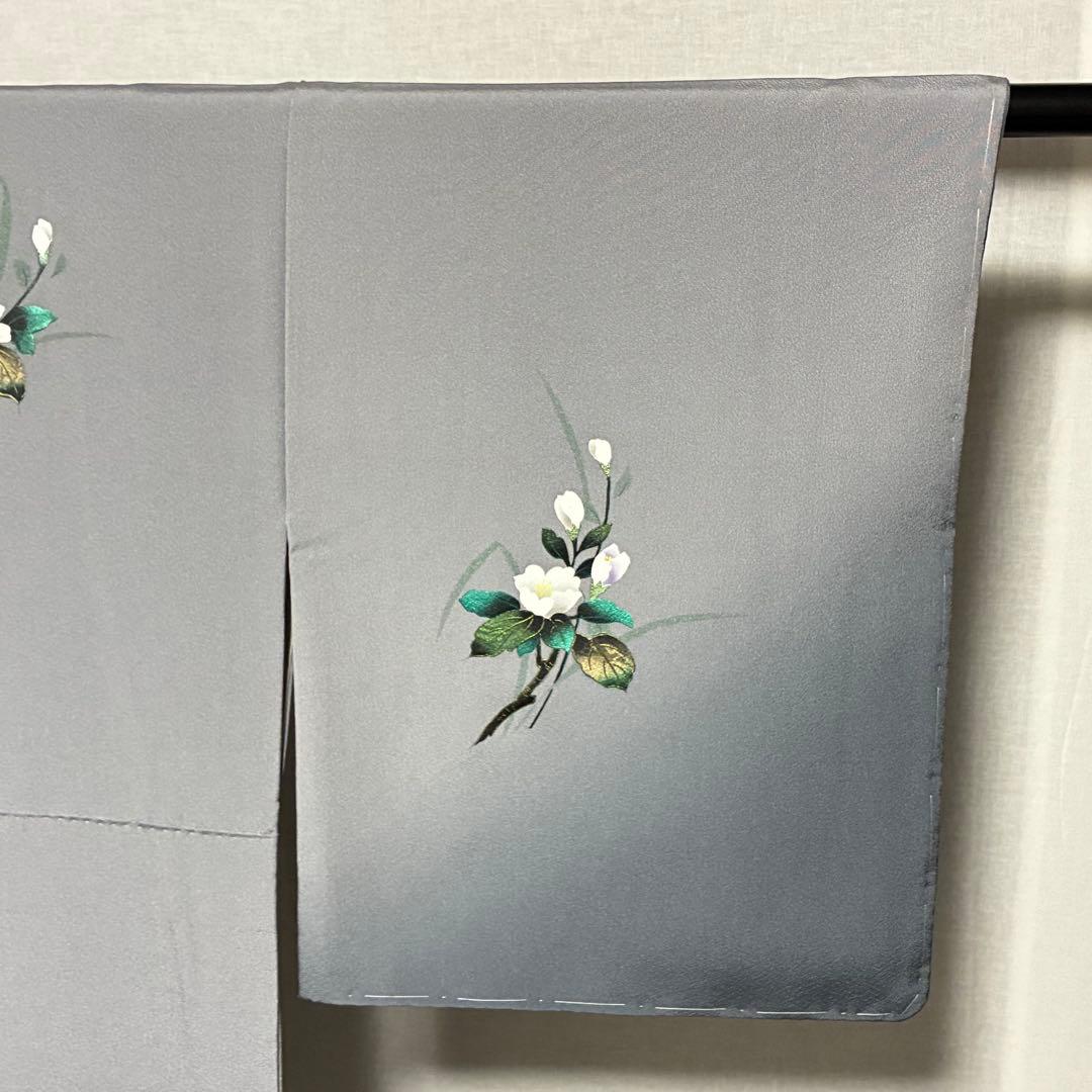 D73 訪問着 花模様 グレー 丹後縮緬 正絹着物 袷 しつけ糸付き未使用極美品