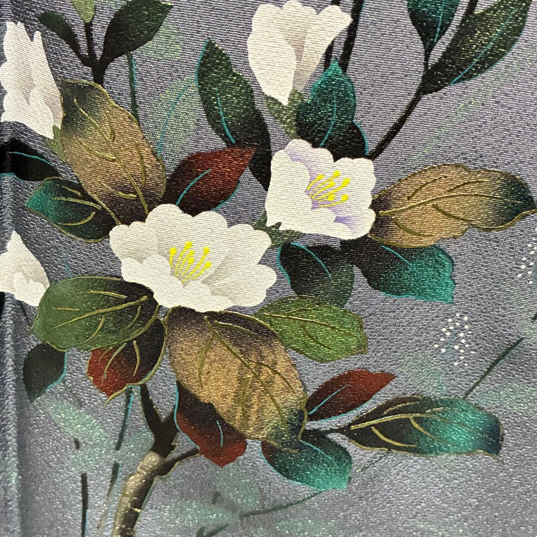 D73 訪問着 花模様 グレー 丹後縮緬 正絹着物 袷 しつけ糸付き未使用極美品