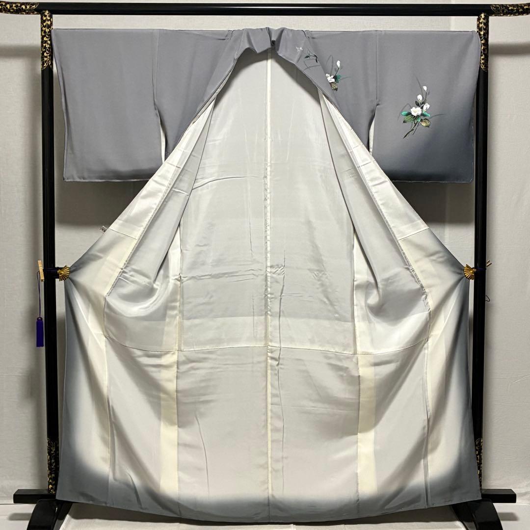 D73 訪問着 花模様 グレー 丹後縮緬 正絹着物 袷 しつけ糸付き未使用極美品