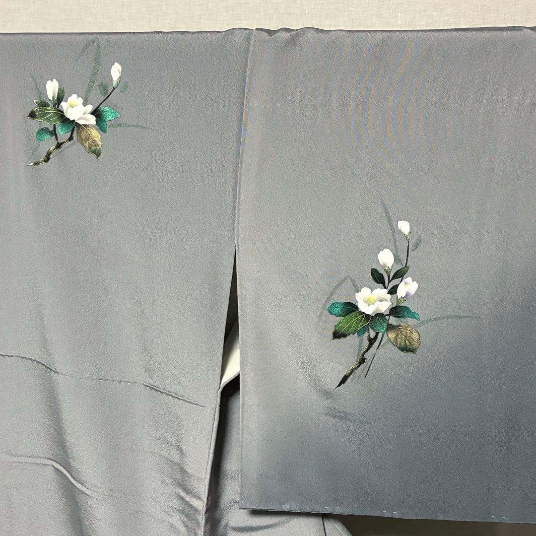 D73 訪問着 花模様 グレー 丹後縮緬 正絹着物 袷 しつけ糸付き未使用極美品