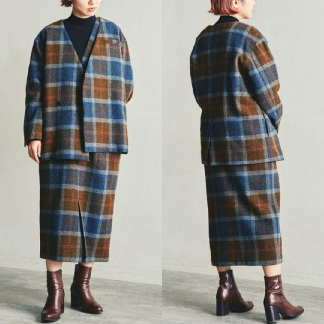 新品タグ付 ノートエシロンス タータンチェック ノーカラージャケット ブラウン系