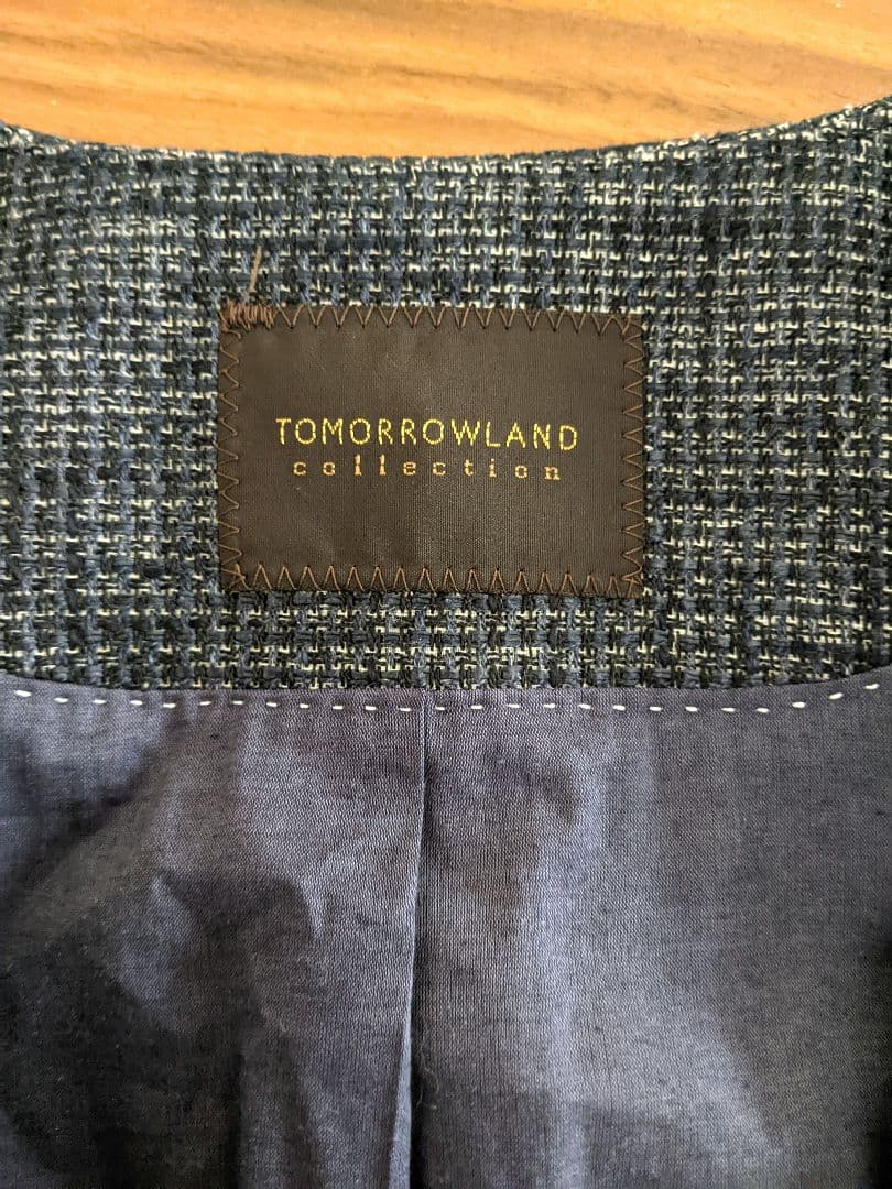 【美品】トゥモローランド ノーカラー　ツイード　ジャケット　ネイビー　38　L