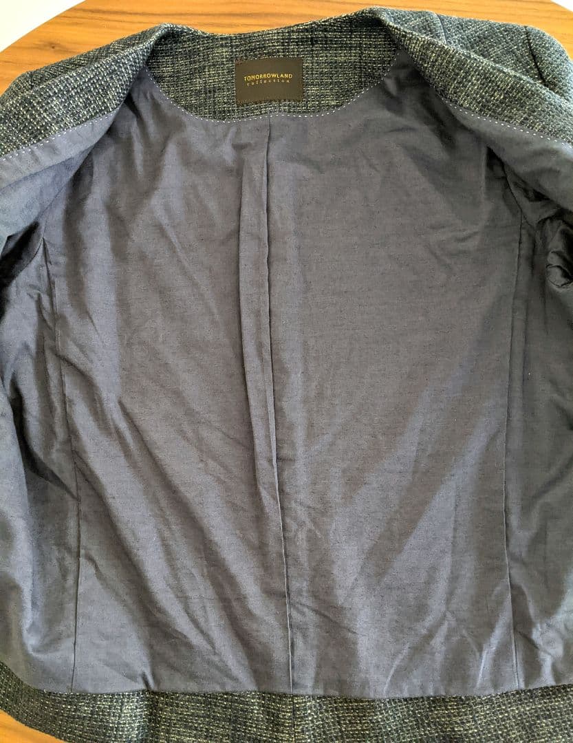 【美品】トゥモローランド ノーカラー　ツイード　ジャケット　ネイビー　38　L