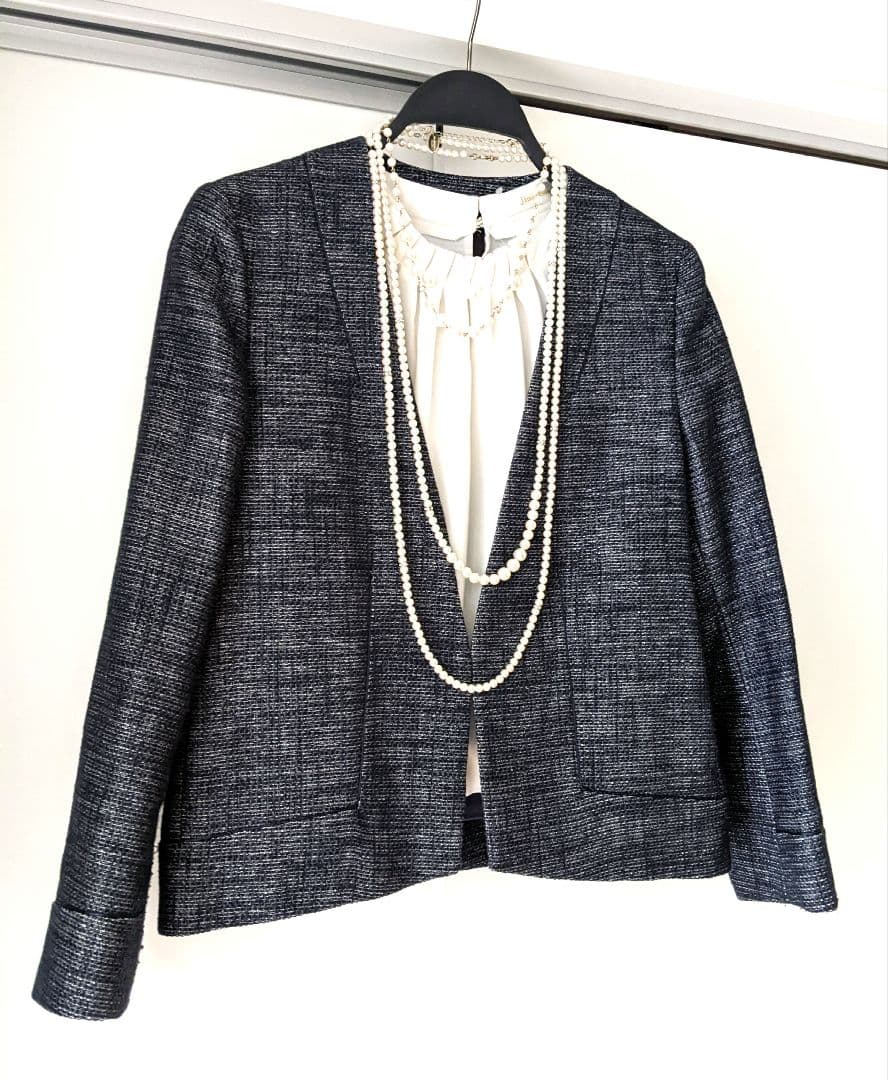 【美品】トゥモローランド ノーカラー　ツイード　ジャケット　ネイビー　38　L
