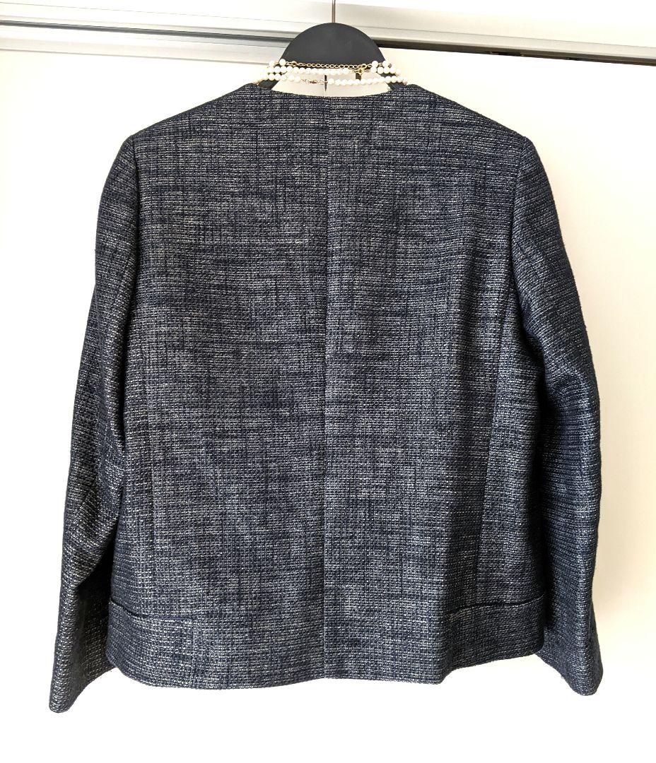 【美品】トゥモローランド ノーカラー　ツイード　ジャケット　ネイビー　38　L
