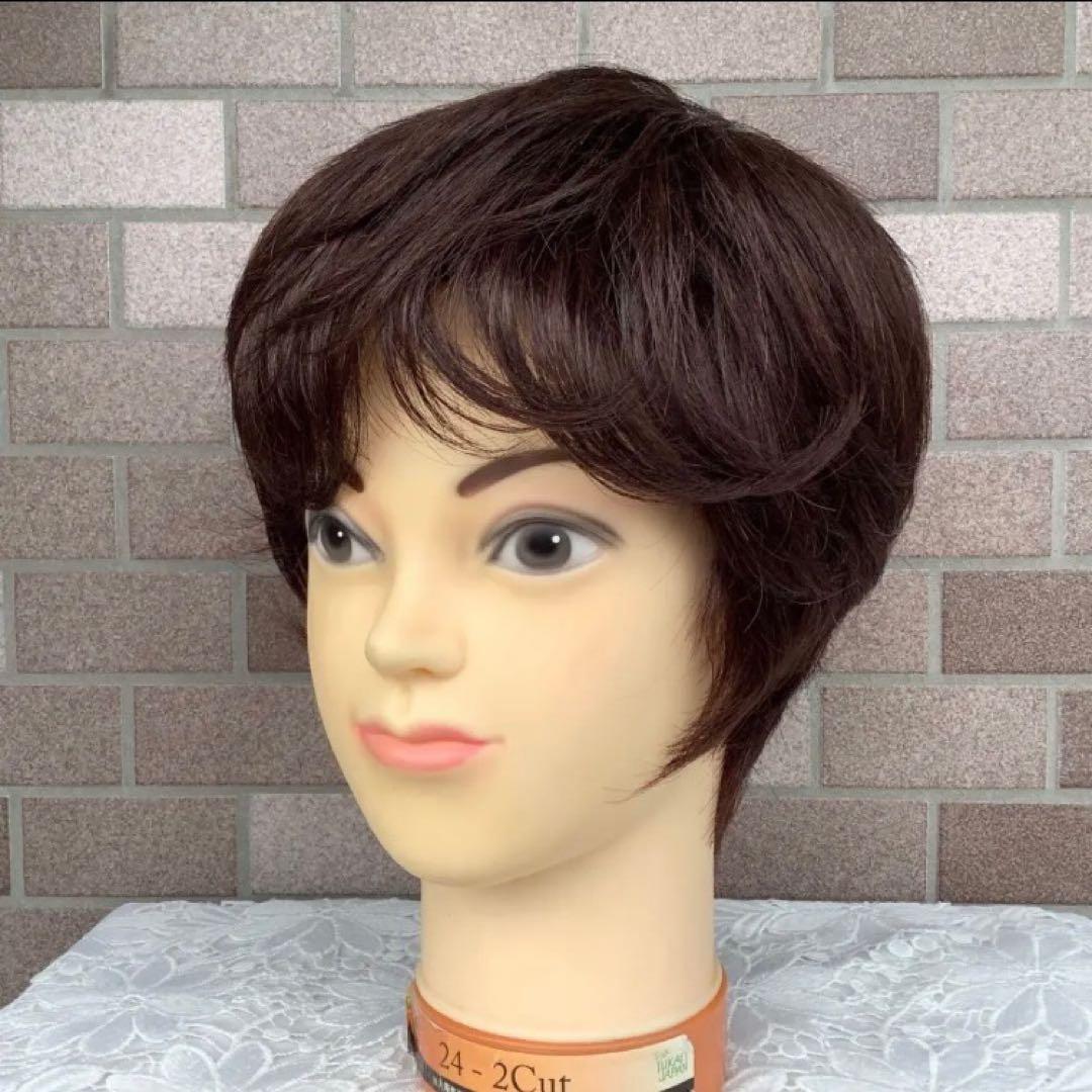 人毛100% 手植え フルウィッグ 医療ウィッグ ショートカール ボブブラウン￼