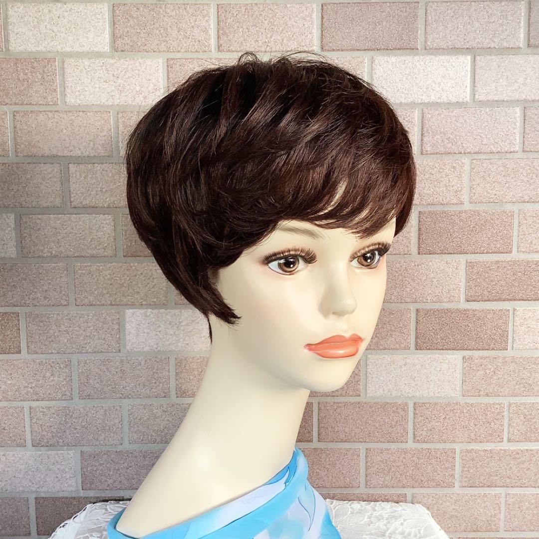 人毛100% 手植え フルウィッグ 医療ウィッグ ショートカール ボブブラウン￼