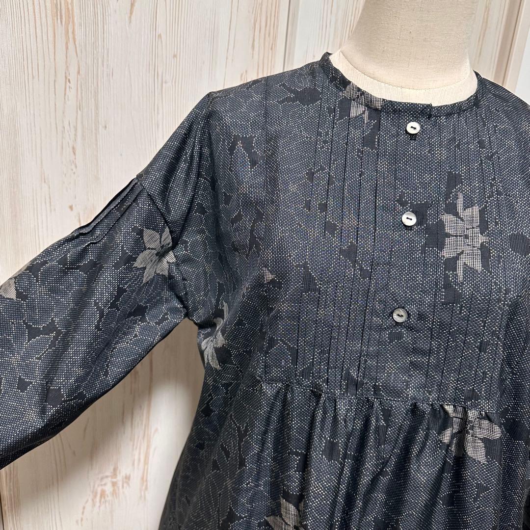 着物リメイク 大島紬(7マルキ)から前ボタンのヨーク切り替えAラインワンピース