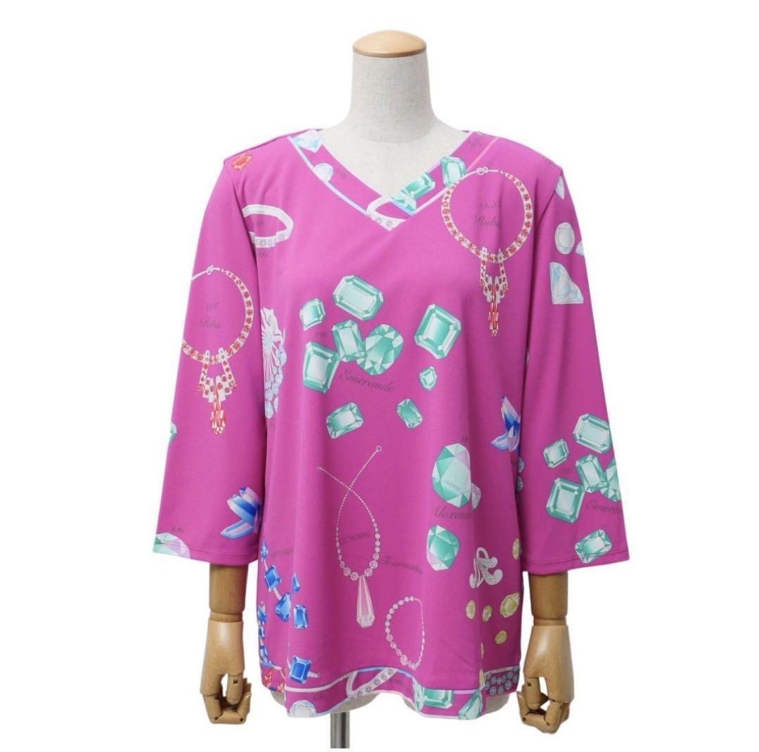 近年 美品 レオナール 宝石柄 五分袖 チュニック カットソー 洗える