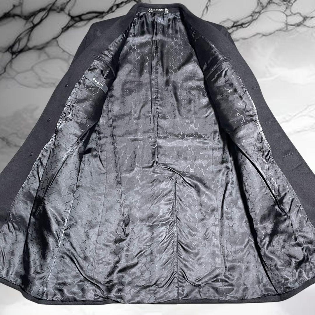 【グッチ】美品ウール チェスター オーバーコート ロゴボタン チェーン ブラック