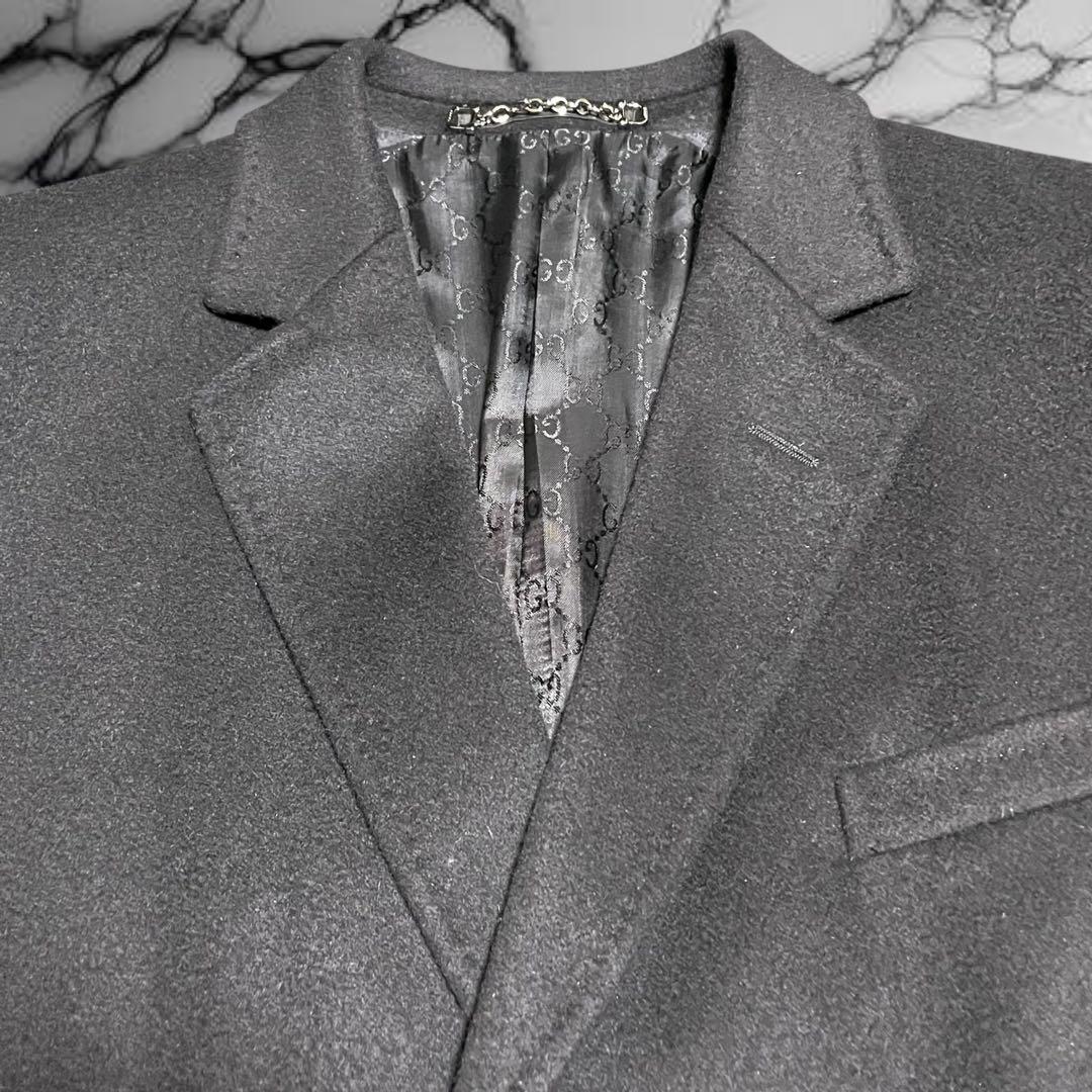 【グッチ】美品ウール チェスター オーバーコート ロゴボタン チェーン ブラック