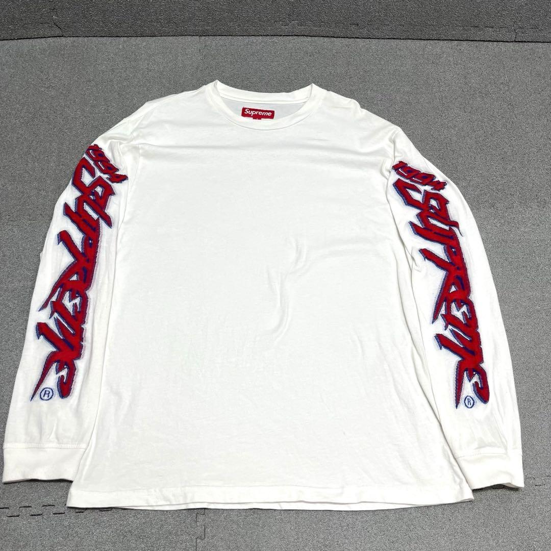 017 両袖Supreme刺繍ロゴ 青×赤アウトライン 白 S ポルトガル製