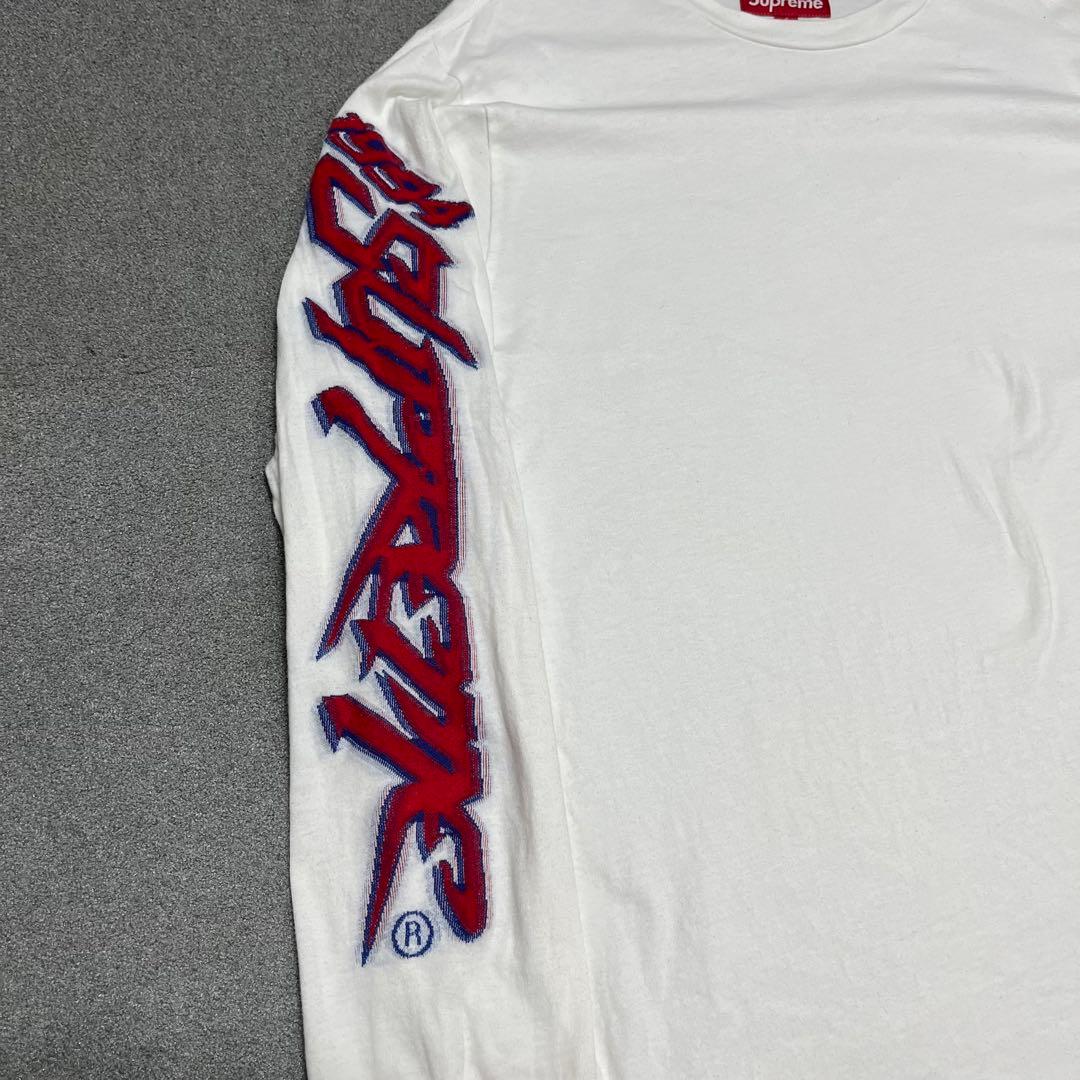 017 両袖Supreme刺繍ロゴ 青×赤アウトライン 白 S ポルトガル製