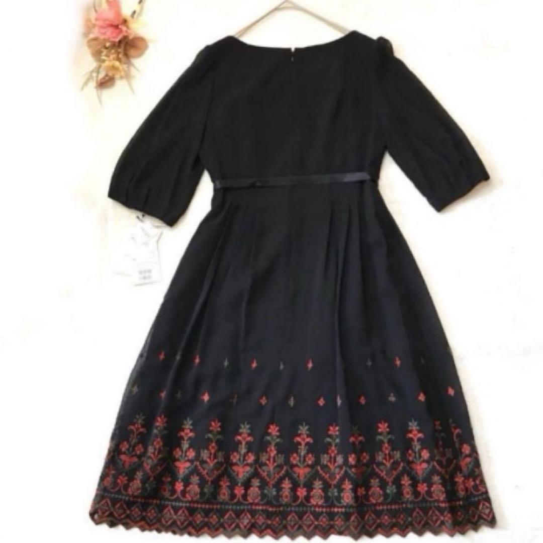 新品　未使用　エムズグレイシー　ワンピース　花柄刺繍　ウエストリボン　ブラック
