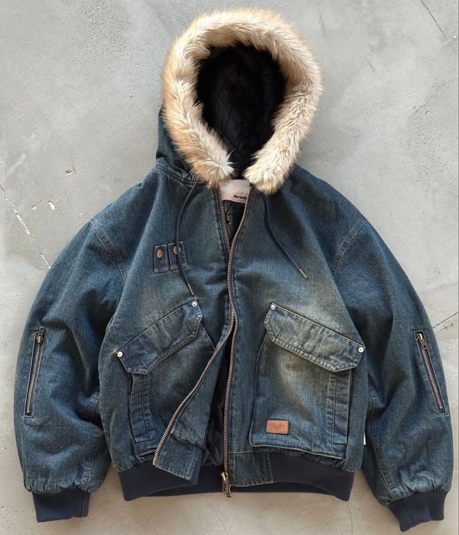 perushu ヴィンテージライクデニムフードファーブルゾン M