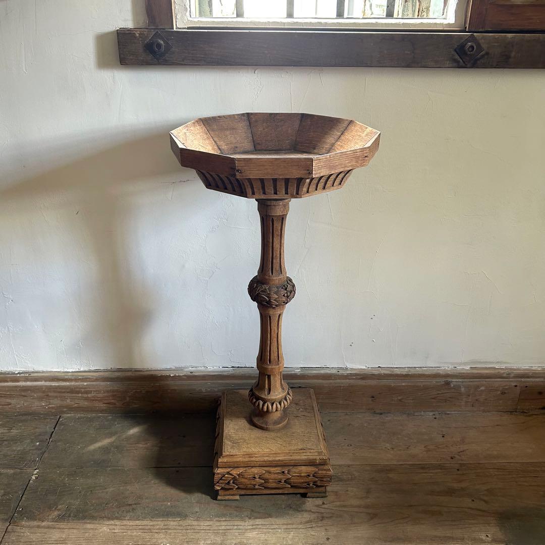 フランスアンティーク 剥離 木製バードバス 花台 スタンド 回転式　回転台