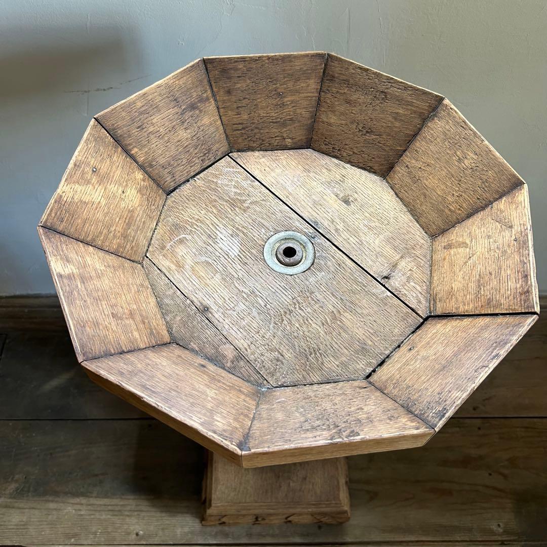 フランスアンティーク 剥離 木製バードバス 花台 スタンド 回転式　回転台