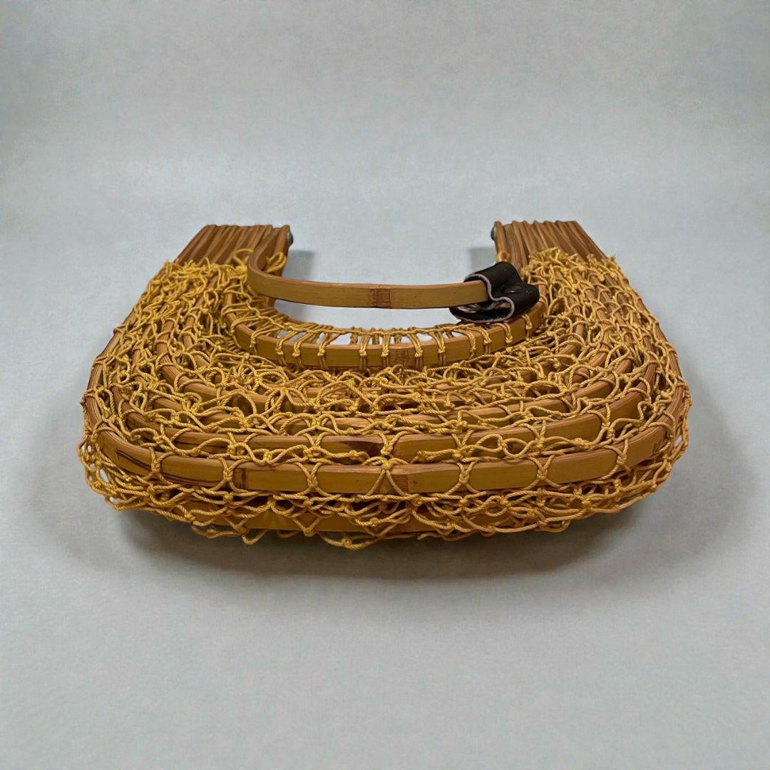 折りたたみかごバッグ　ピーコックバッグ　ヴィンテージ　レトロ　竹　イエロー