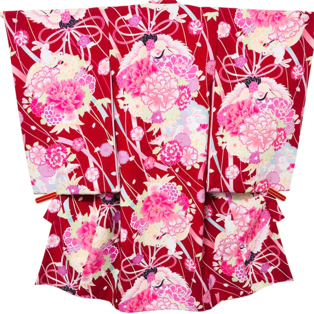 【JAPAN STYLE 】お宮参り 産着 合繊 洗える着物ワインレッド 襦袢付