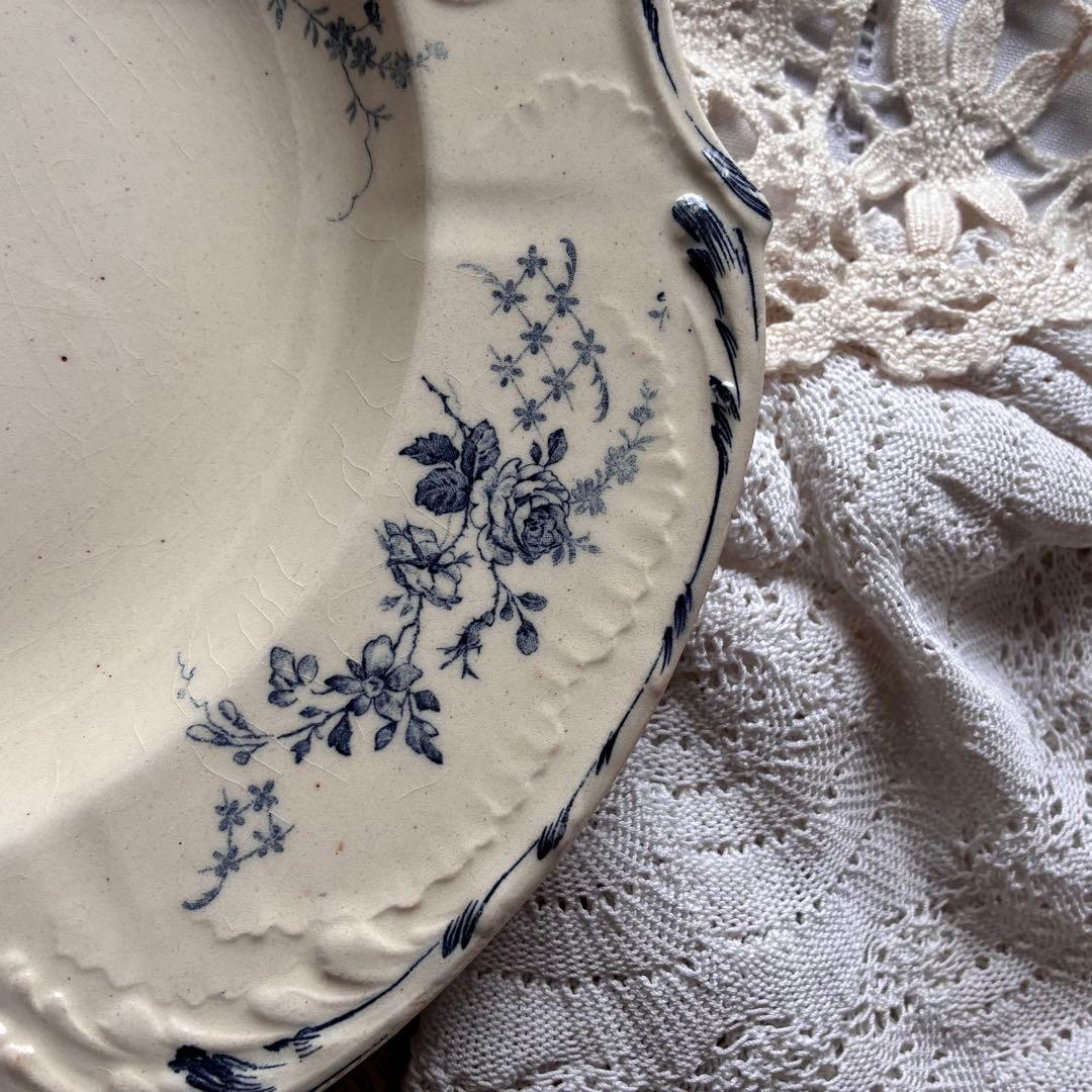 大きめ　Gien ブルー　四角いプレート　レリーフ　フランス　アンティーク