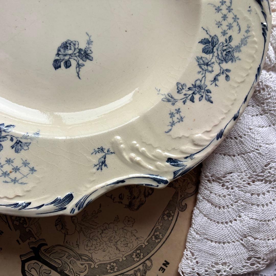 大きめ　Gien ブルー　四角いプレート　レリーフ　フランス　アンティーク