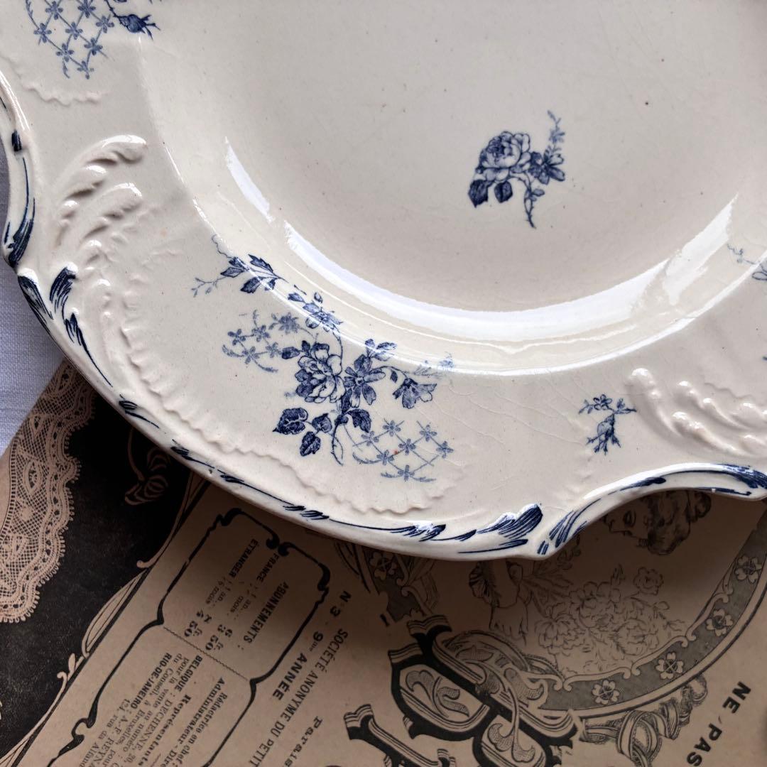 大きめ　Gien ブルー　四角いプレート　レリーフ　フランス　アンティーク