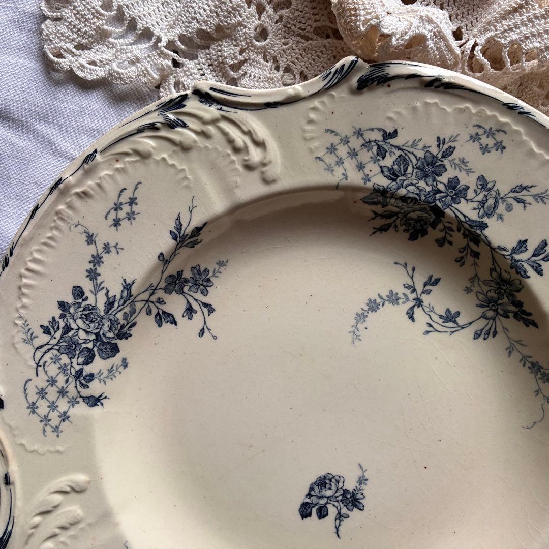 大きめ　Gien ブルー　四角いプレート　レリーフ　フランス　アンティーク