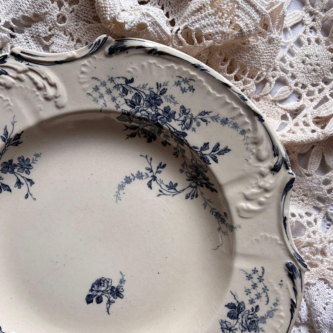 大きめ　Gien ブルー　四角いプレート　レリーフ　フランス　アンティーク