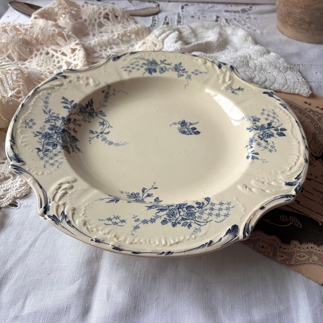 大きめ　Gien ブルー　四角いプレート　レリーフ　フランス　アンティーク