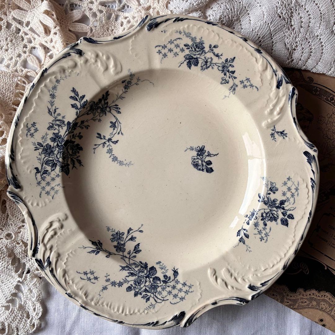 大きめ　Gien ブルー　四角いプレート　レリーフ　フランス　アンティーク