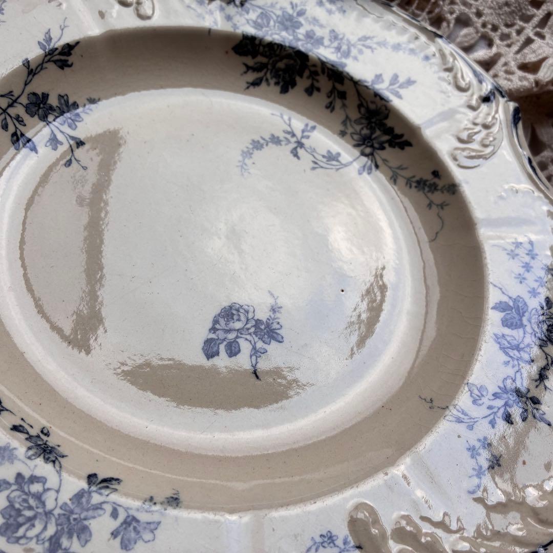 大きめ　Gien ブルー　四角いプレート　レリーフ　フランス　アンティーク