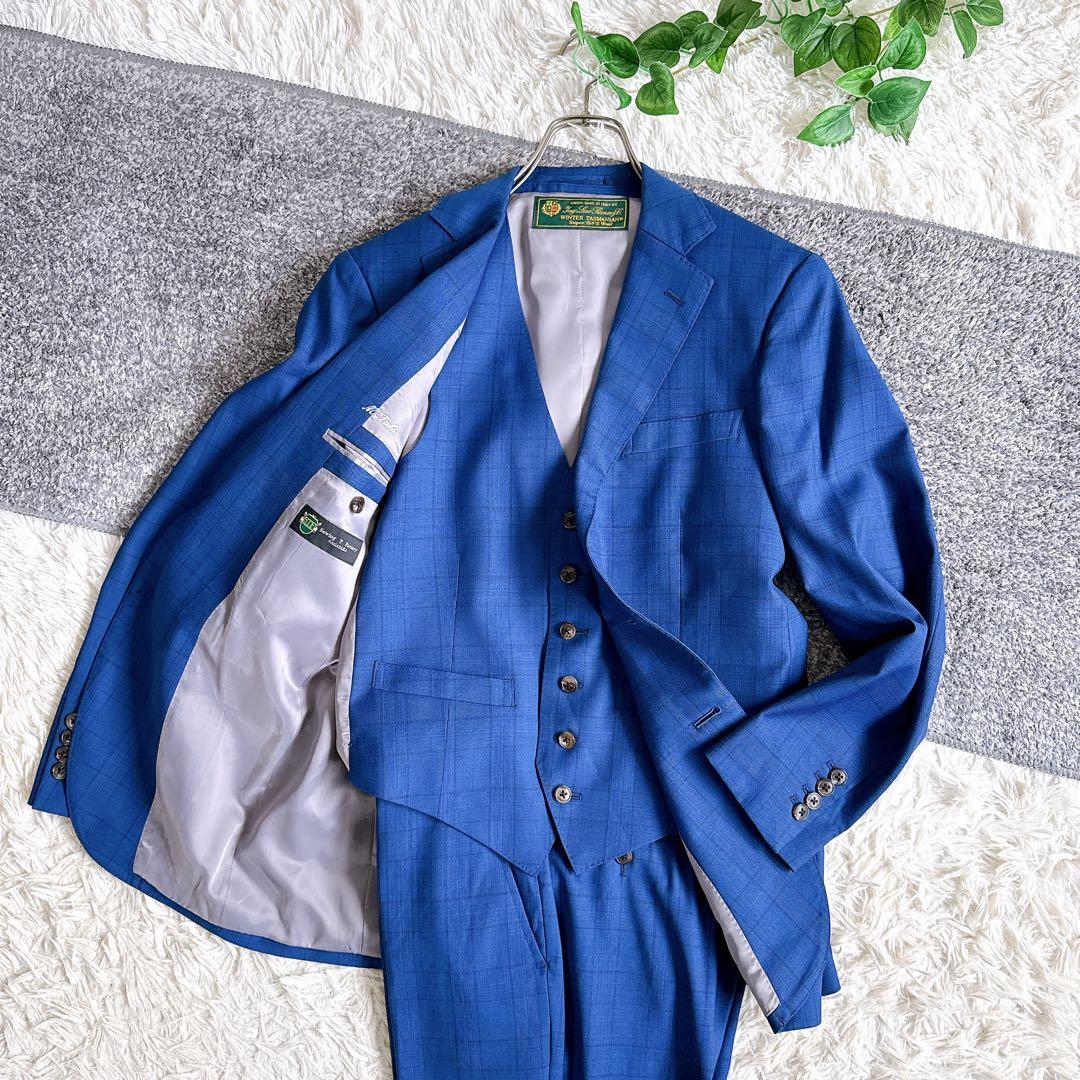 最高級　ロロピアーナ社製　3ピース　セットアップ　スーツ　チェック柄　ネイビー