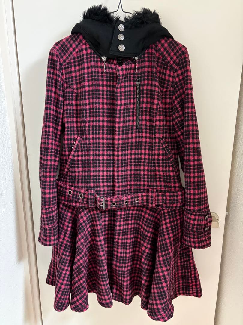 ALGONQUINS ピンク チェック 猫耳 フード ファー アウター