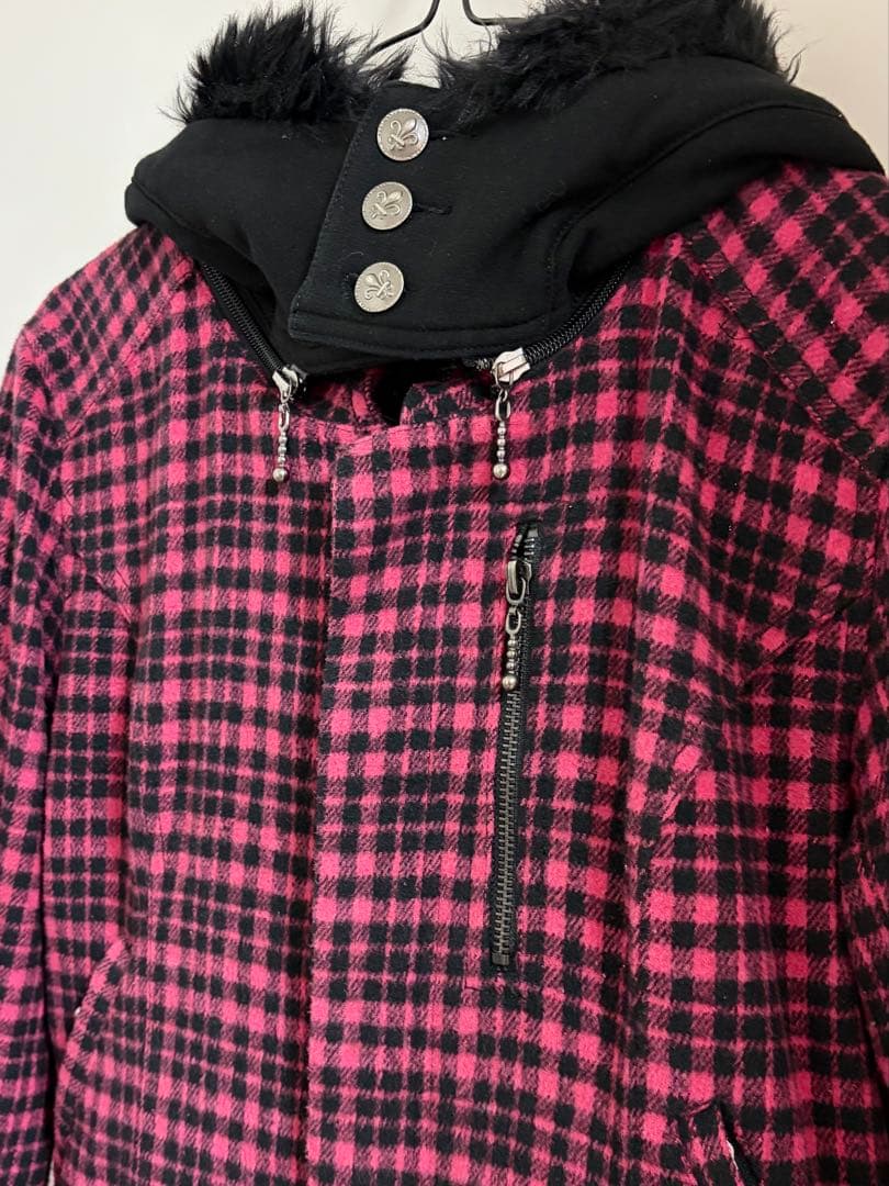 ALGONQUINS ピンク チェック 猫耳 フード ファー アウター