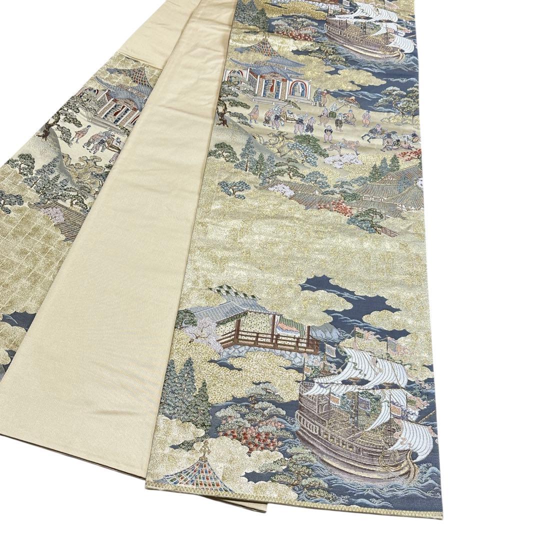 AA30袋帯 六通柄 オラシダ船来港図 金糸　正絹 着物