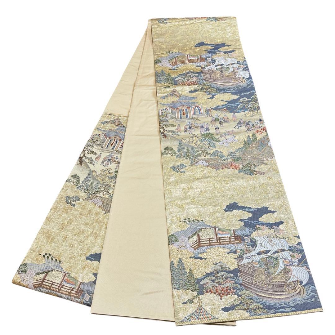 AA30袋帯 六通柄 オラシダ船来港図 金糸　正絹 着物