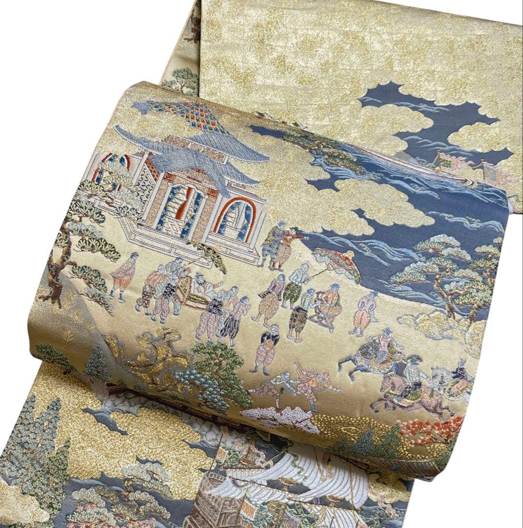 AA30袋帯 六通柄 オラシダ船来港図 金糸　正絹 着物