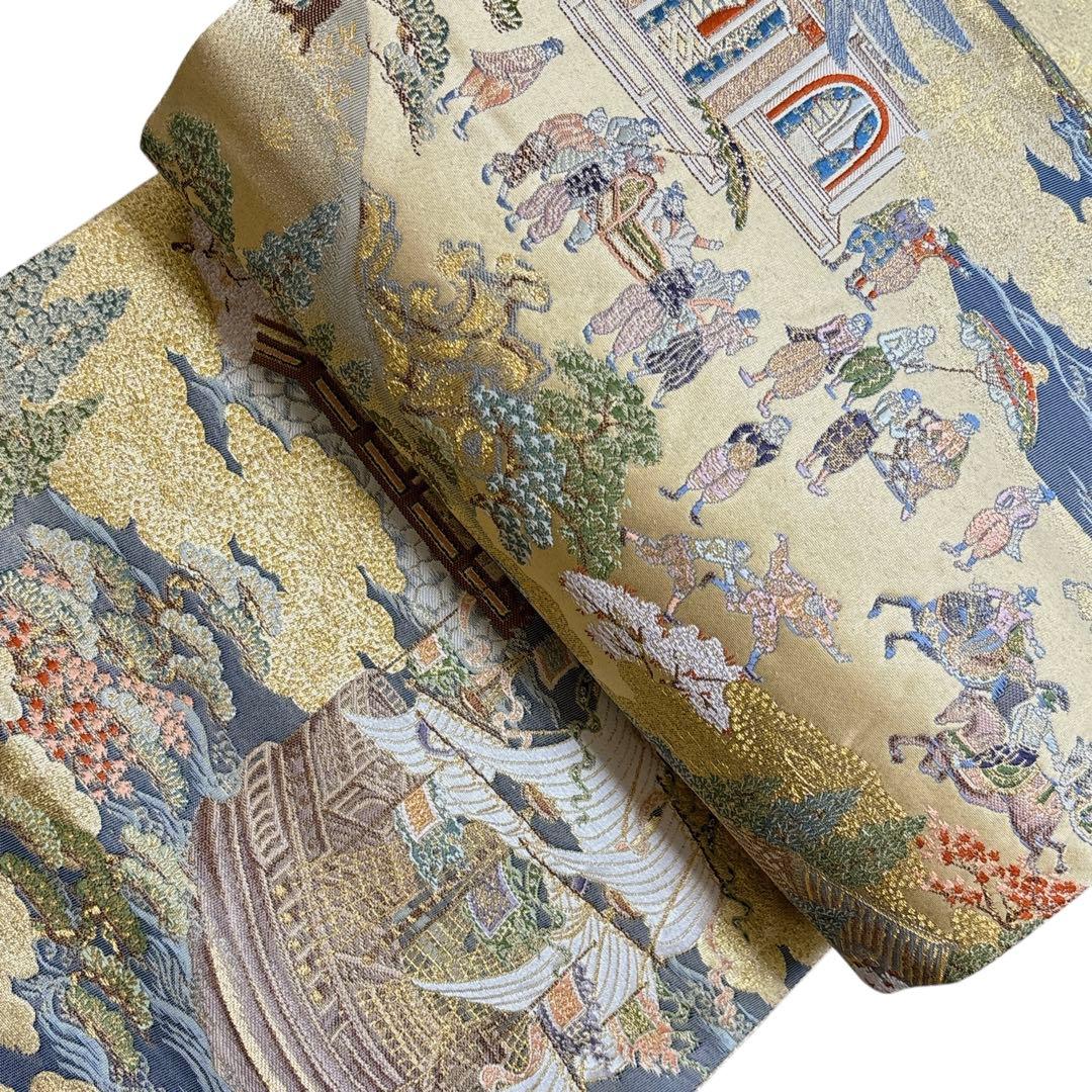 AA30袋帯 六通柄 オラシダ船来港図 金糸　正絹 着物