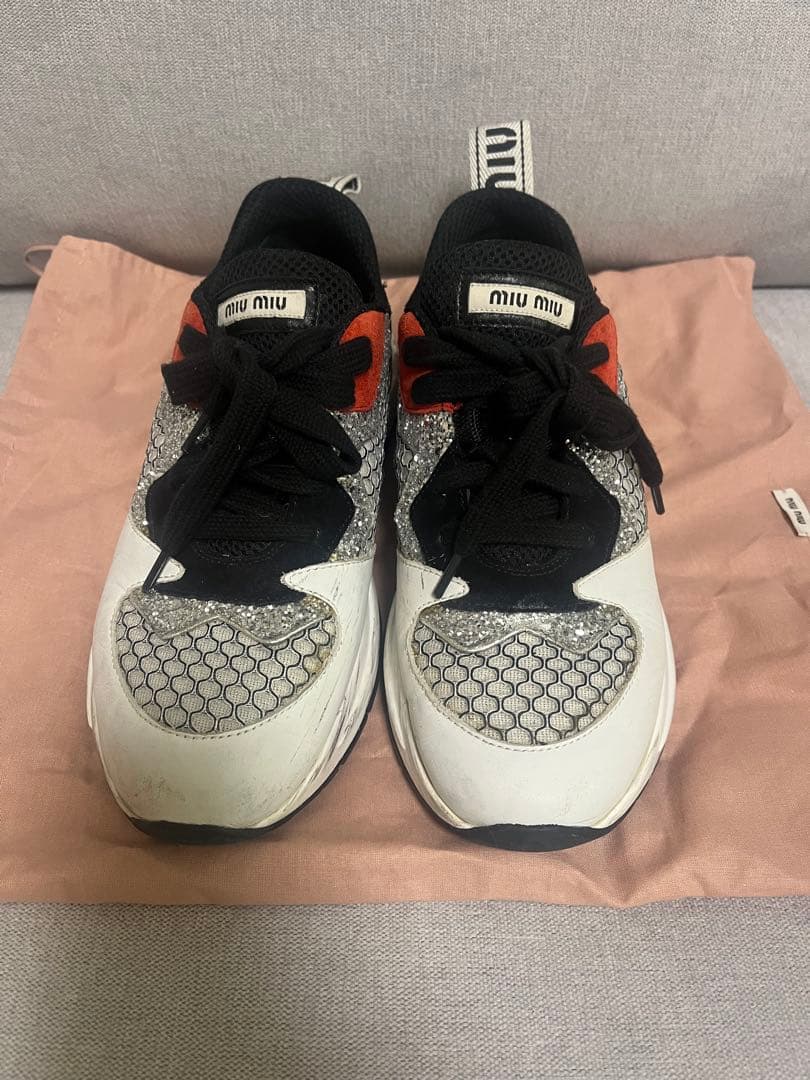 miu miu メッシュスニーカー ホワイト/ブラック/レッド　38ハーフ