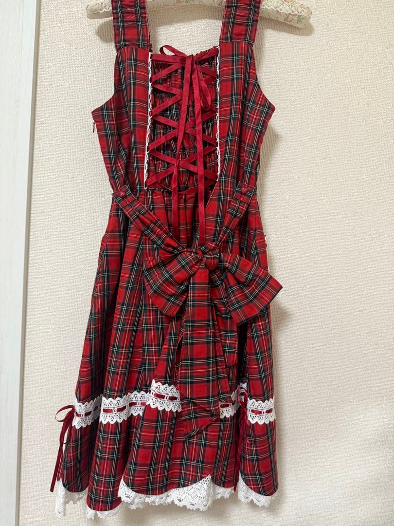 裾スカラップタータンチェックジャンパースカート エンジ リボンコームセット