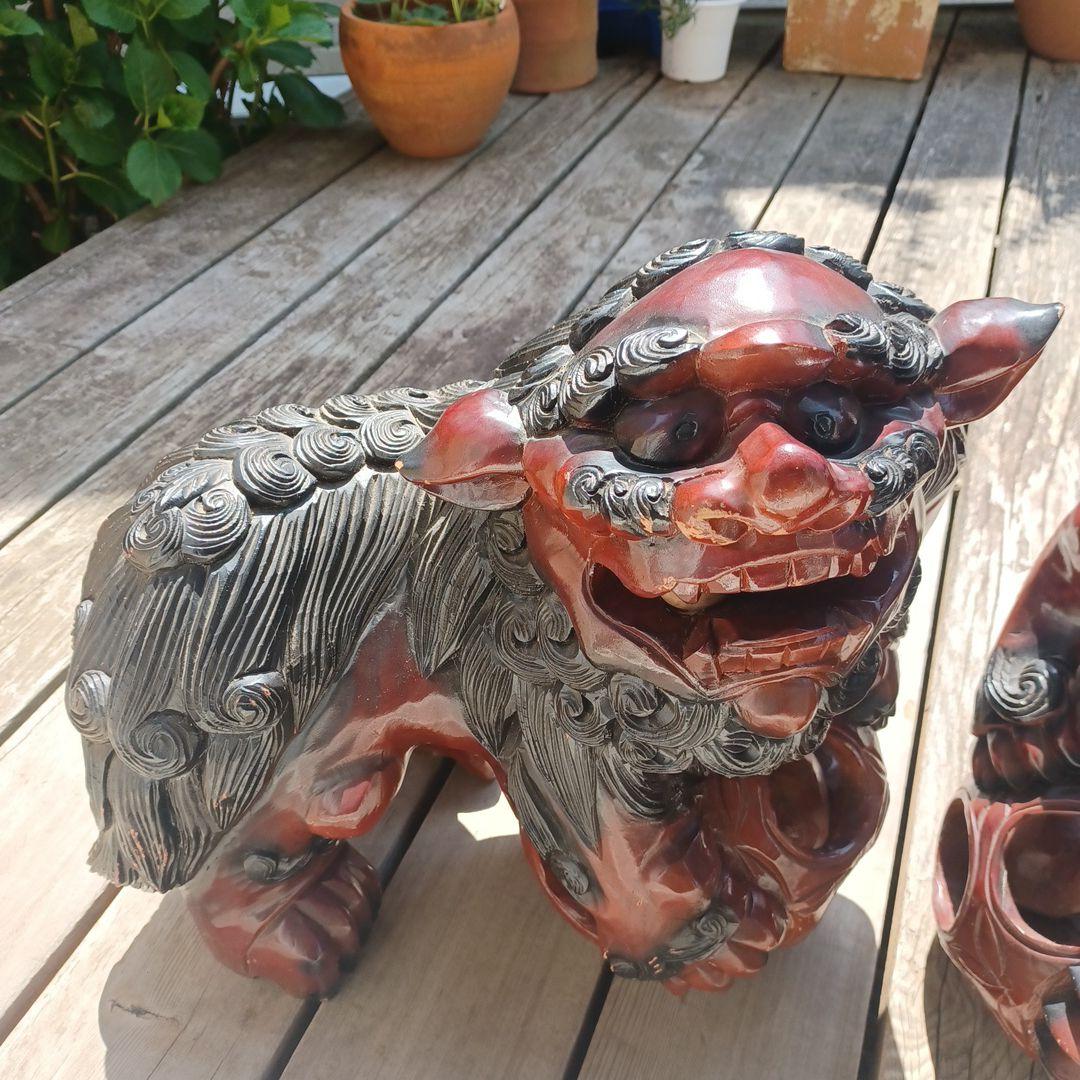 木彫り 狛犬 獅子 置物 大型2体