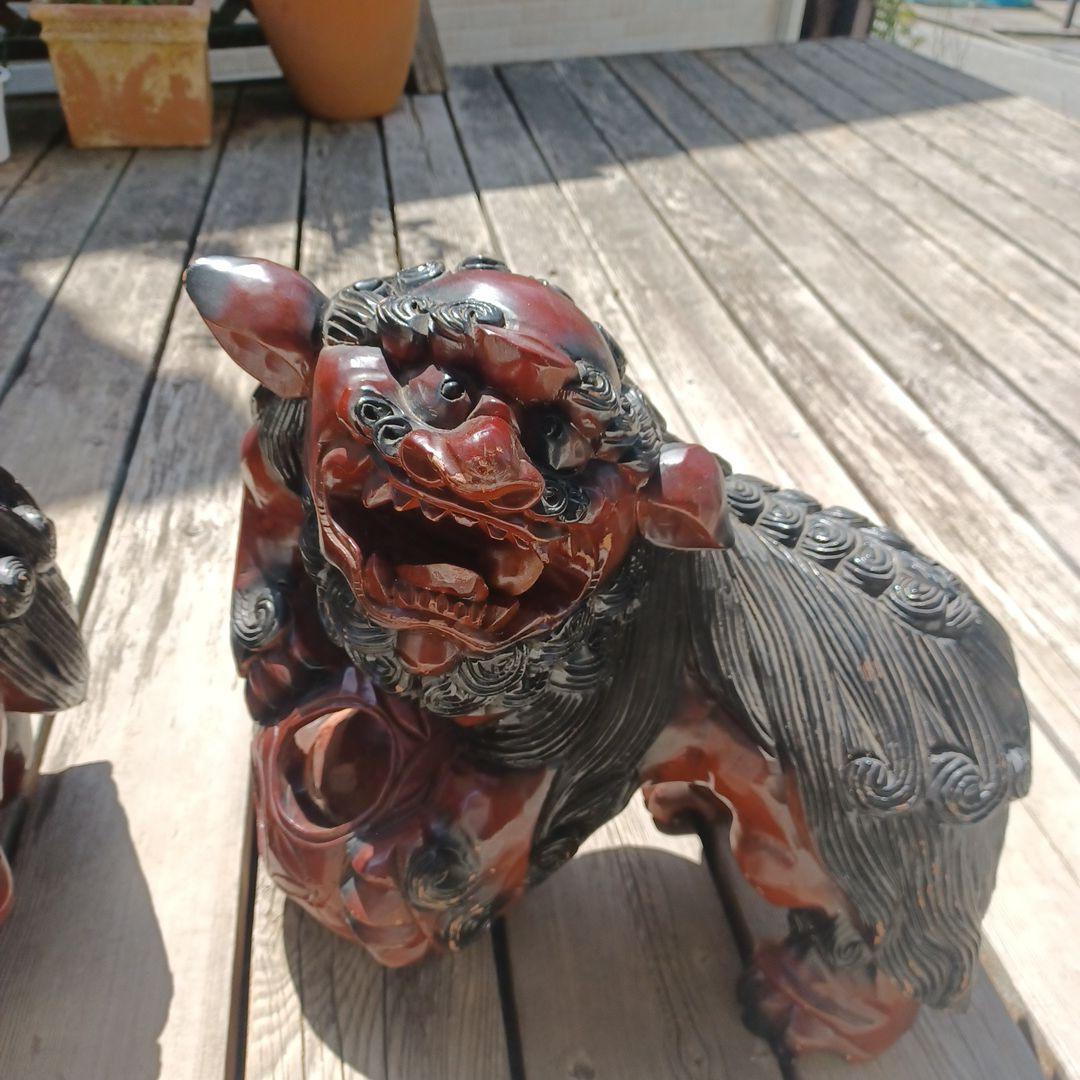 木彫り 狛犬 獅子 置物 大型2体