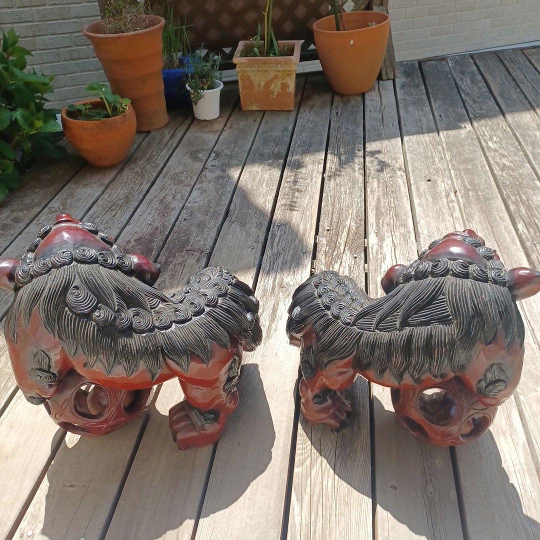 木彫り 狛犬 獅子 置物 大型2体