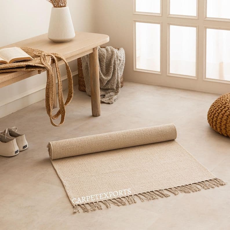 ベージュ コットン ヨガマット フリンジ付き