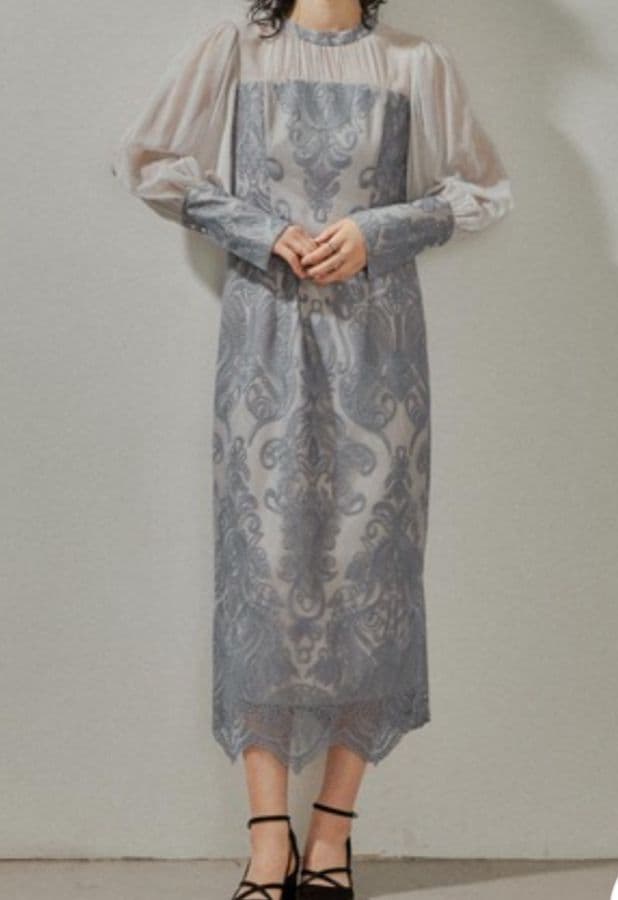 niana グレー レース模様 長袖 パーティードレス