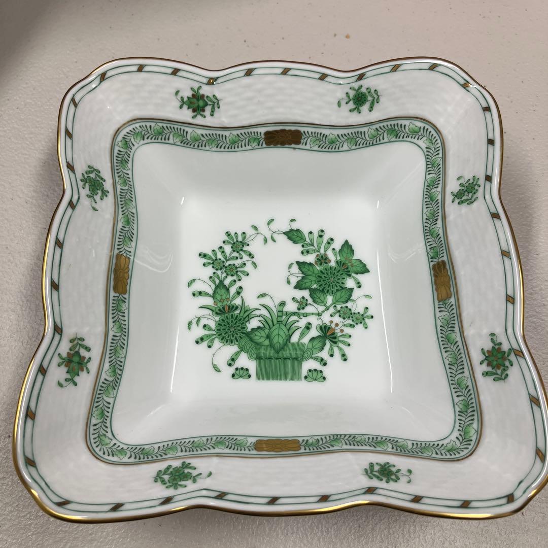 HEREND ヘレンド　インドの華　四角皿 約17cm アポニーグリーン